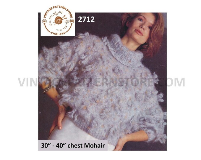 Ladies mohair sweater knitting pattern, Ladies Womens 80s polo neck loop stitch mohair sweater pattern - 30" - 40" chest - PDF download 2712