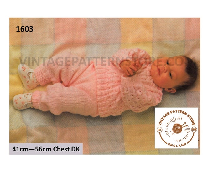 Baby Babies 90s DK crew neck rib ribbed sweater jumper & trousers pram set layette pdf knitting pattern 41cm to 56cm chest Download 1603