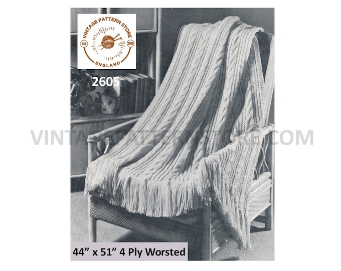 60s vintage 4 ply twist cabled cable striped fringed afghan throw pdf knitting pattern 44" by 51" Instant PDF download 2605