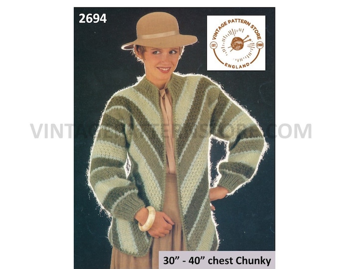 Ladies 80s jacket knitting pattern, Womens 80s chevron stripe chunky knit drop shoulder dolman jacket pattern - 30" - 40" PDF download 2694