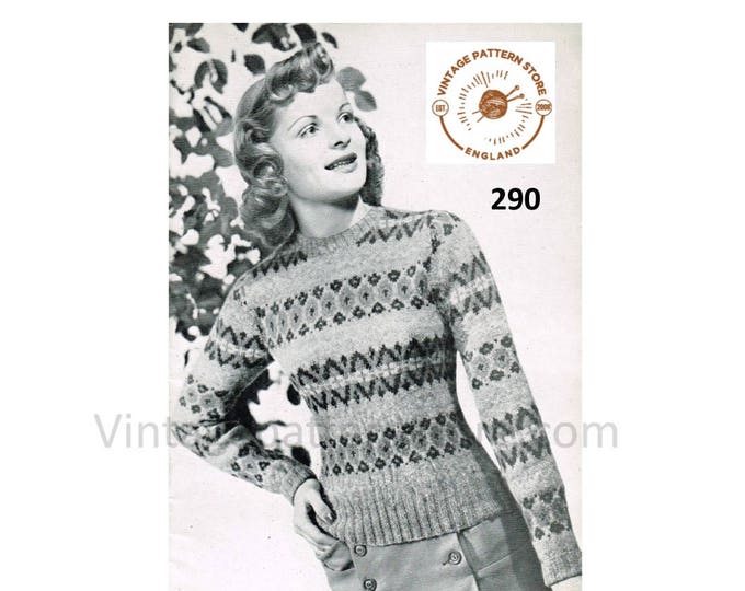 Ladies Womens 40s vintage 3 ply crew fair isle banded raglan sweater jumper pullover pdf knitting pattern 32" chest Instant PDF Download 290