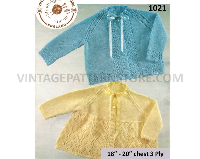 Baby Babies 70s vintage 3 ply round neck lacy raglan matinee coat jacket and cardigan pdf knitting pattern 18" to 20" chest download 1021