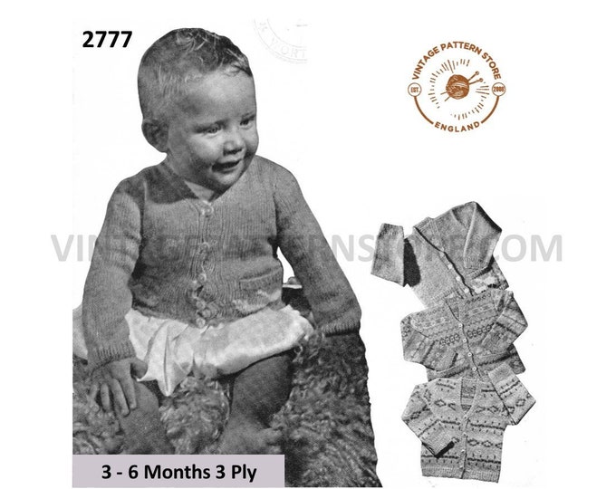 Baby Babies 30s vintage 3 ply V neck easy to knit and fair isle banded raglan cardigan pdf knitting pattern Ages 3 to 6 mths Download 2777