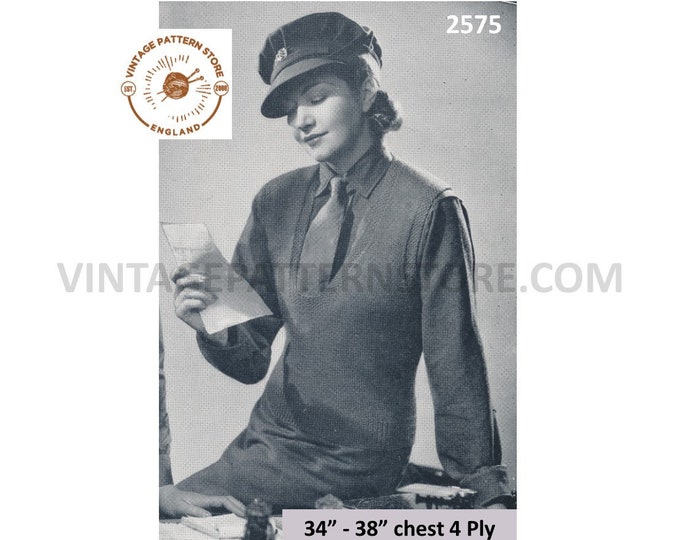 Ladies 40s sweater vest knitting pattern, Ladies 40s scoop neck sleeveless 4 ply slipover sweater vest pattern 34" - 38" - PDF download 2575