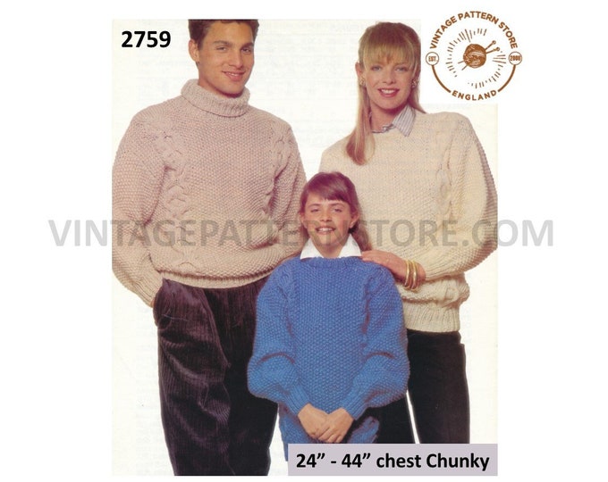 Womens Mens Boys Girls chunky knit polo crew neck cabled drop shoulder textured dolman sweater pdf knitting pattern 24" to 44" Download 2759