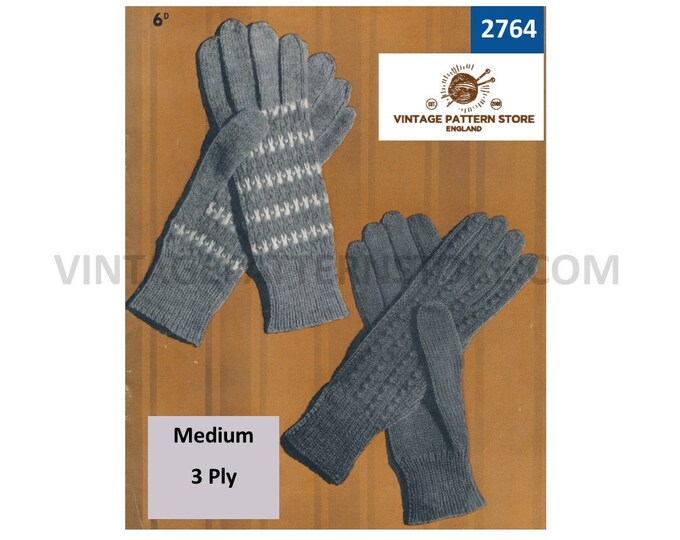 Womens Ladies 40s vintage 3 ply fair isle and cable cabled gloves pdf knitting pattern 6.5" palm size Instant PDF download 2764