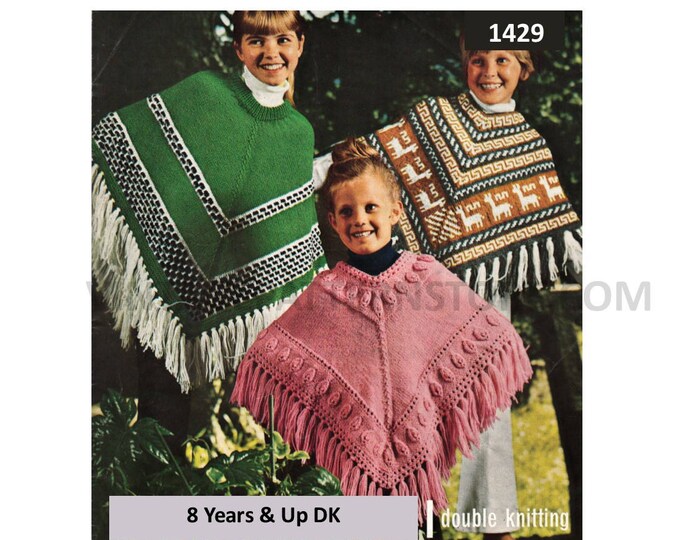 Ladies Womens Girls 70s vintage DK fair isle cable cabled & striped fringed poncho pdf knitting pattern Age 8 to adult PDF Download 1429
