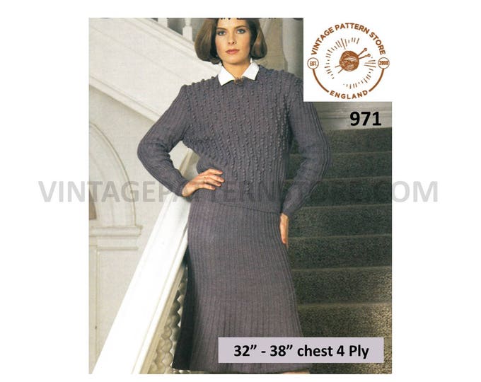 Ladies Womens 80s vintage 4 ply round neck cabled raglan sweater jumper long line ribbed skirt pdf knitting pattern 32" to 38" Download 971