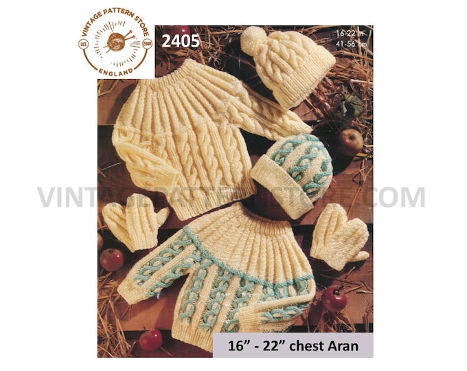 Baby Babies Toddlers 90s round neck cable cabled raglan aran sweater jumper mittens hat pdf knitting pattern 16" to 22" Chest download 2405