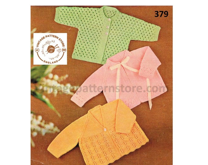 Baby Babies 80s vintage DK V and round neck lacy matinee coat jacket cardigan pdf knitting pattern 18" to 22" chest Instant PDF Download 379