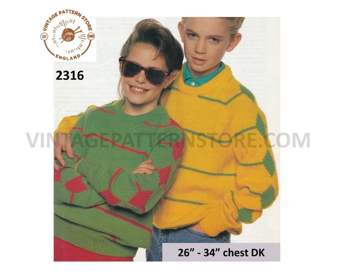 Boys Girls 90s DK round neck striped diamond intarsia sleeve dolman sweater jumper pdf knitting pattern 26" to 34" chest PDF download 2316