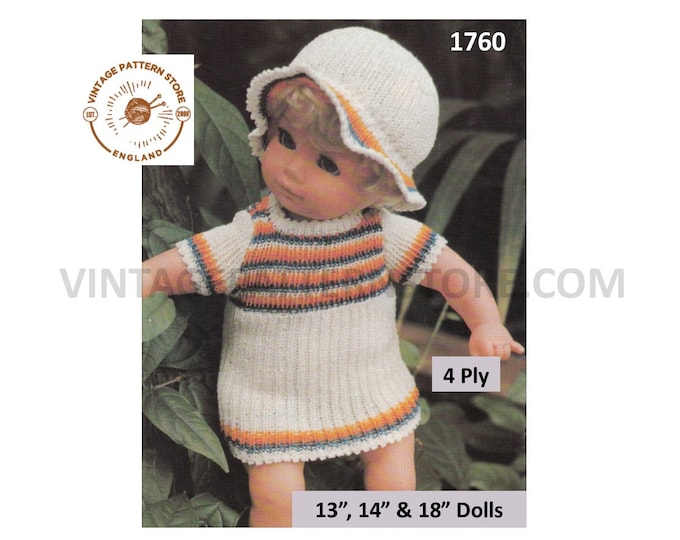 80s vintage 13" 14" 18" 4 ply Baby Dolls clothes striped dress and bonnet pdf knitting pattern Instant PDF download 1760