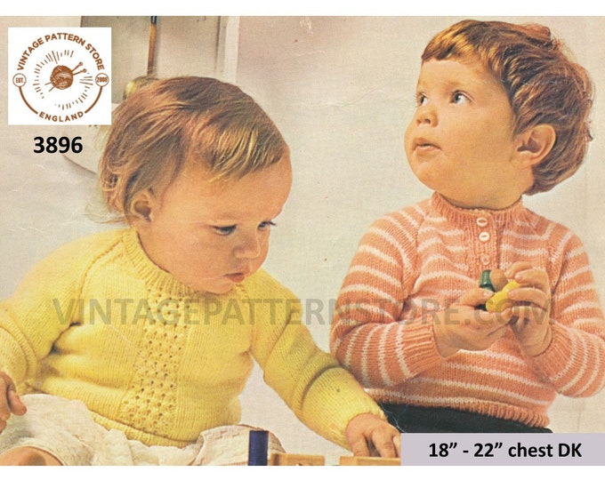 Baby Babies 70s vintage DK round neck lacy lace panel & striped raglan sweater jumper pdf knitting pattern 18" to 22" chest download 3896