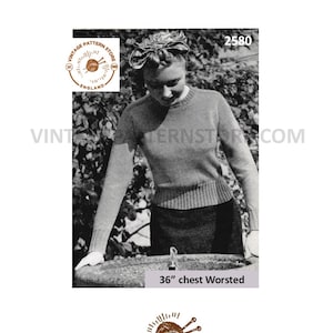 Ladies Womens 40s vintage easy to knit round neck worsted raglan sweater jumper pdf knitting pattern 36&quot; chest Instant PDF download 2580