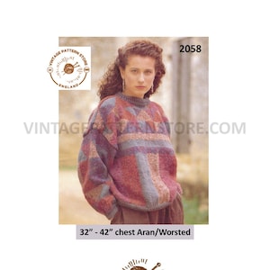 Könnte beinhalten: Ein Vintage-Strickmuster für einen Pullover mit einem farbenfrohen geometrischen Design. Das Muster ist für eine Brustweite von 81 bis 107 cm und verwendet Aran- oder Wollgarn. Das Muster stammt von Vintage Pattern Store, England.
