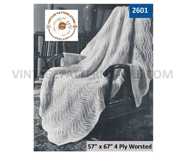 60s vintage retro 4 ply wavy cable striped cabled afghan throw pdf knitting pattern 57" by 67" Instant PDF download 2601