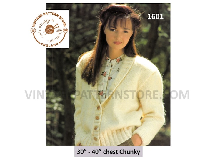 Ladies Womens 90s easy to knit shawl collar V neck chunky knit raglan cardigan jacket pdf knitting pattern 30" to 40" PDF download 1601