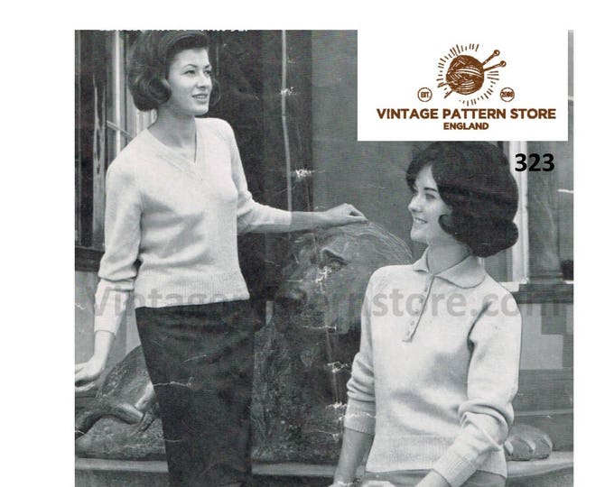 Ladies Womens 60s vintage easy to knit 3 ply round V or shirt neck raglan sweater jumper pdf knitting pattern 34" to 36" chest Download 323