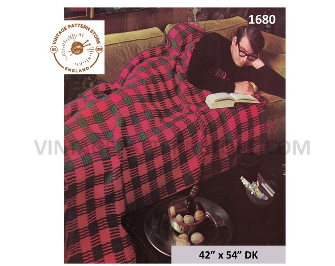 70s vintage DK check and stripe afghan throw pdf crochet throw pattern 52" x 54" Instant PDF download 1680