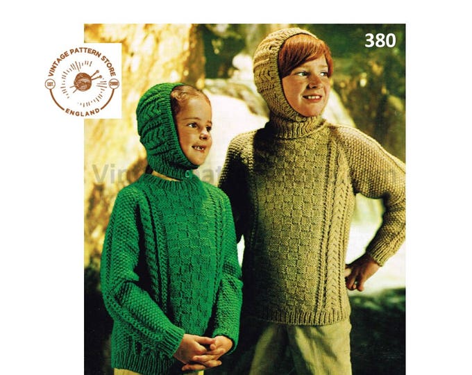 Girls Boys 70s vintage polo neck turtleneck cable cabled raglan aran sweater jumper balaclava pdf knitting pattern 24" to 32" Download 380
