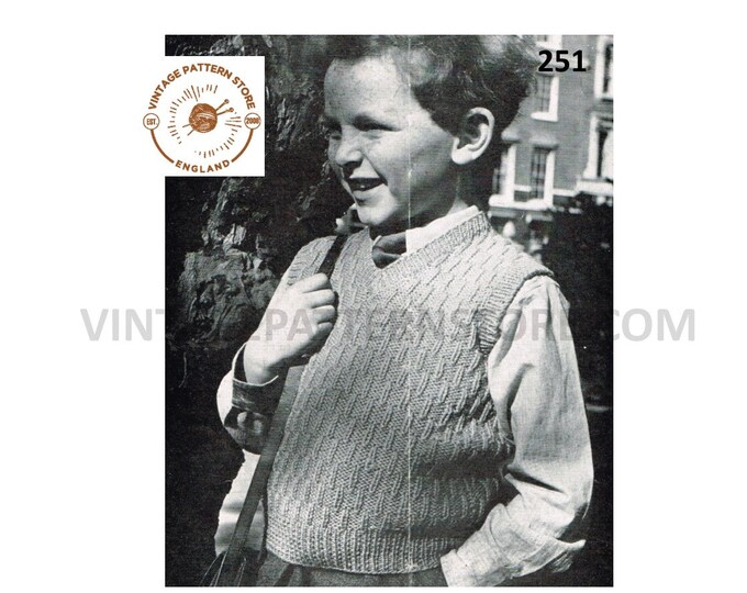 Boys 30s vintage DK V neck slip cable cabled sleeveless sweater vest tank top pdf knitting pattern 24" to 26" chest Instant Download 1047