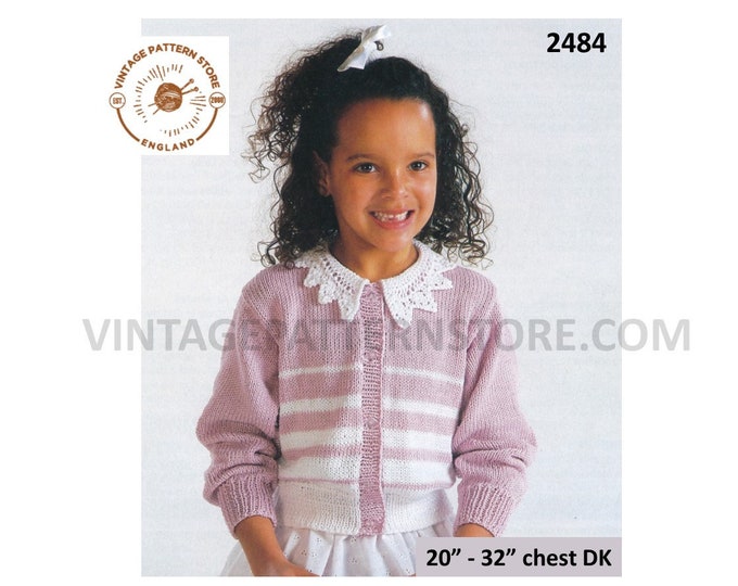 Girls Toddlers 90s DK round neck lacy lace collar striped raglan cardigan pdf knitting pattern 20" to 32" chest Instant PDF download 2484