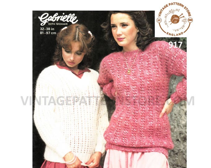 Ladies Womens 70s chunky knit V neck lacy raglan & sideways knitted slash neck sweater jumper pdf knitting pattern 32" to 38" Download 917