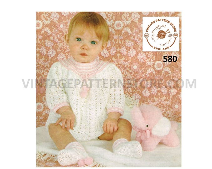 Baby Babies 80s vintage 3 ply lacy lace angel top dress and booties bootees pdf crochet pattern 18" to 21" chest Instant PDF download 580