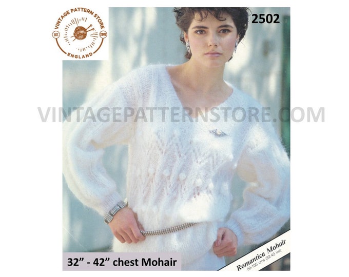 Ladies Womens 90s V neck cabled cable and lace lacy drop shoulder dolman mohair sweater jumper pdf knitting pattern 32" to 42" Download 2502