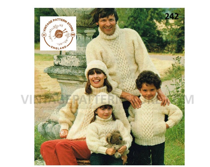 Ladies Womens Mens Boys Girls 70s Family crew or polo neck cable cabled aran sweater jumper pdf knitting pattern 24" to 46" Download 242