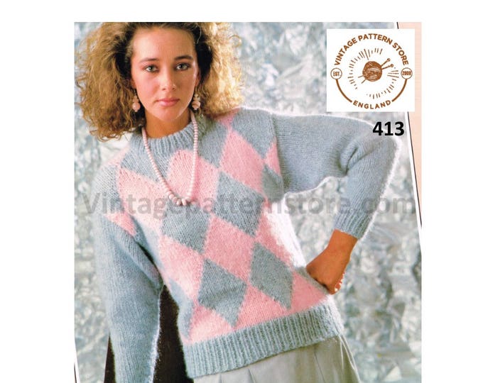 Ladies Womens 90s diamond intarsia crew neck chunky knit dolman sweater jumper pdf knitting pattern 28" to 38" chest Instant Download 413