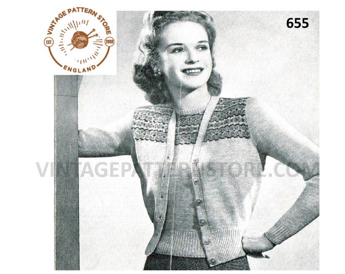 Ladies Womens 40s vintage 3 ply fair isle yoke yoked V neck raglan cardigan pdf knitting pattern 35" chest Instant PDF download 655