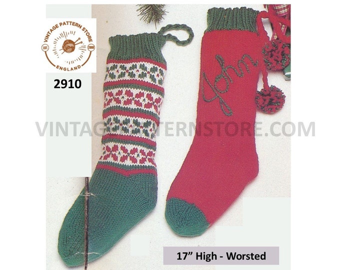 Boys Girls 80s holly fair isle and easy to knit personalised embroidered Christmas stocking pdf knitting pattern 17" High PDF Download 2910