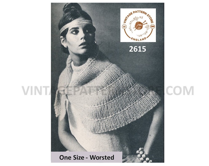 Ladies Womens 70s vintage worsted Russian wraparound shawl wrap evening cape pdf knitting pattern One Size Instant PDF download 2615