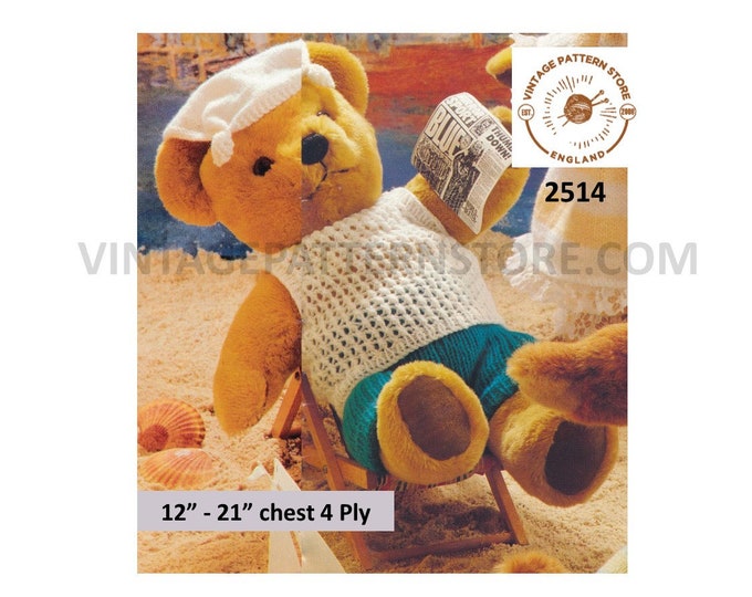 90s 4 ply Teddy bear clothes sweater vest hanky hat and trousers pdf knitting pattern 12" to 21" chest Instant PDF download 2514