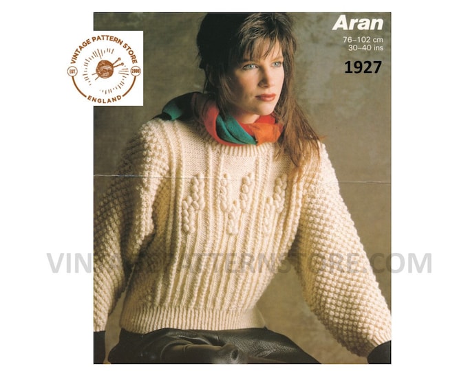 Ladies Womens 90s round neck cable cabled aran dolman sweater jumper pdf knitting pattern 30" to 40" chest Instant PDF download 1927