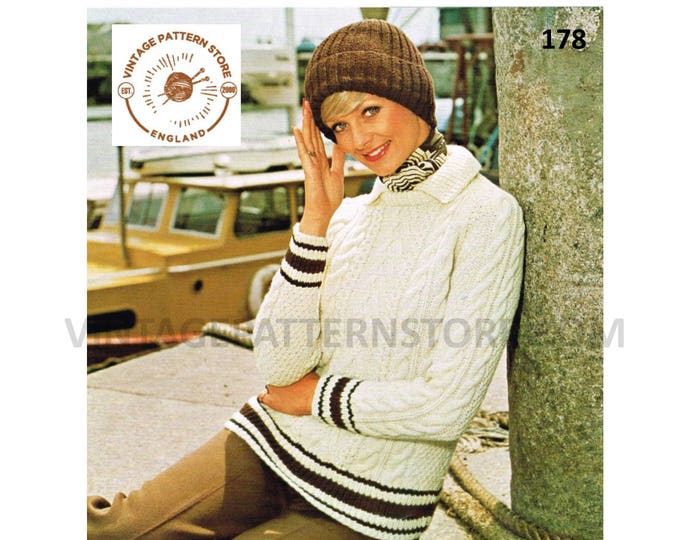Ladies Womens 70s vintage crew neck cable cabled aran raglan sweater jumper pullover pdf knitting pattern 34" to 40" chest PDF Download 178