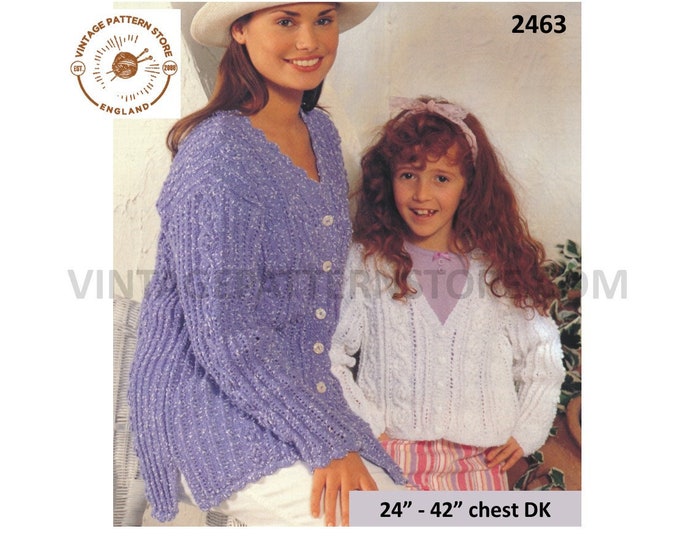 Ladies Womens Girls 90s DK V neck cabled cable and lace drop shoulder dolman tunic cardigan pdf knitting pattern 24" to 42" download 2463
