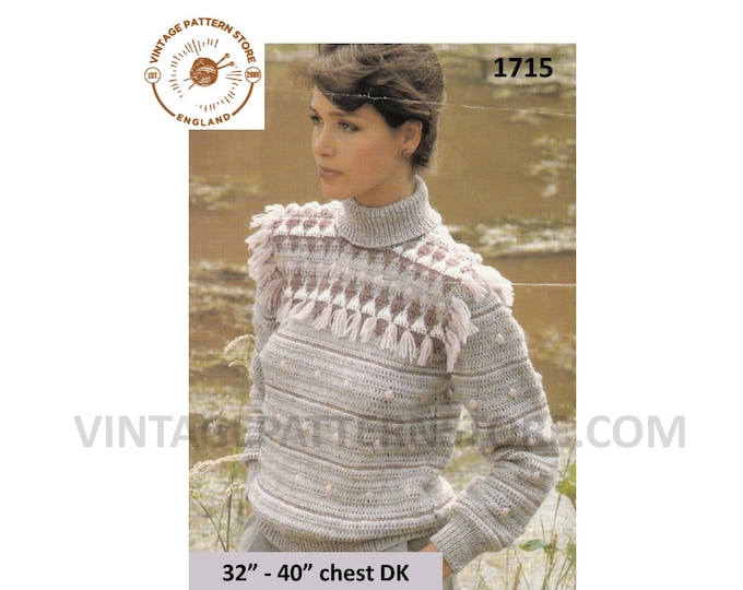 Ladies Womens 80s vintage DK polo neck fringed fair isle yoke striped raglan sweater jumper pdf knitting pattern 32" to 40" Download 1715