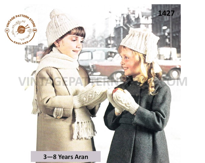 Girls 70s vintage cable cabled aran hat cap scarf and mittens pdf knitting pattern 3 to 8 years Instant PDF Download 1427