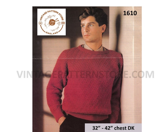 Mens Mans 90s DK round neck textured buttoned drop shoulder dolman sweater jumper pdf knitting pattern 32" to 42" chest PDF Download 1610