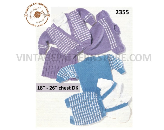 Baby Babies Toddlers 90s DK skirt cardigan sweater jumper and trousers pdf knitting pattern 18" to 26" chest Instant PDF download 2355