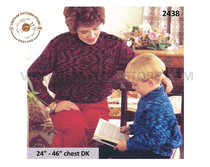 Ladies Womens Mens Boys Girls 90s family simple & easy to knit DK round neck dolman sweater pdf knitting pattern 24" to 46" Download 2438