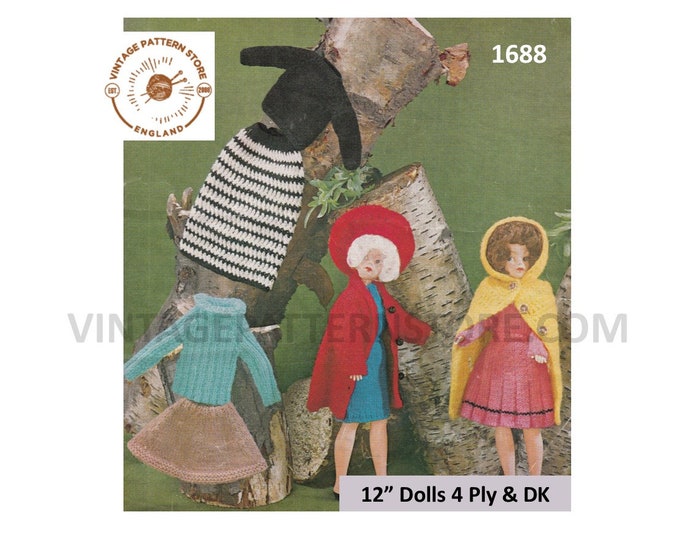 60s vintage 12" fashion doll Barbie Sindy DK & 4 ply dolls clothes pdf knitting pattern 4 outfits to knit Instant PDF download 1688