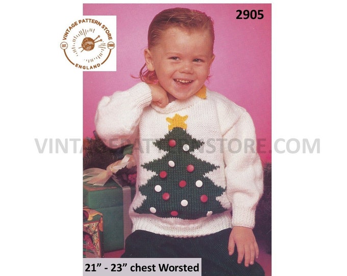 Boys Girls 80s crew neck drop shoulder Christmas tree intarsia worsted sweater jumper pdf knitting pattern 21" to 23" chest Download 2905