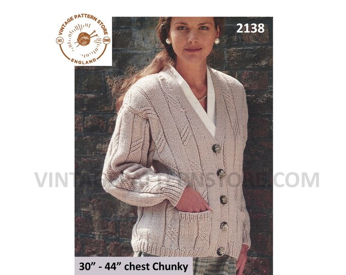 Ladies Womens 90s V neck wide rib ribbed drop shoulder chunky knit cardigan pdf knitting pattern 30" to 44" chest Instant PDF Download 2138