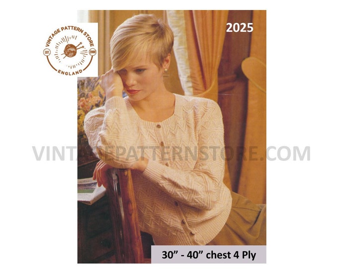 Ladies Womens 90s vintage 4 ply square neck textured raglan cardigan pdf knitting pattern 30" to 40" chest Instant PDF download 2025