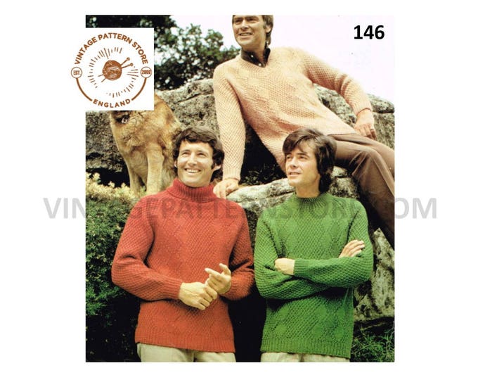 Mens Mans 70s vintage crew V polo neck textured DK raglan sweater jumper pullover pdf knitting pattern 38" to 44" chest Instant Download 146