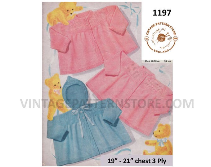 Baby Babies 50s vintage retro 3 ply lacy lace yoke yoked matinee coat hoodie jacket pdf knitting pattern 19" to 21" chest PDF download 1197