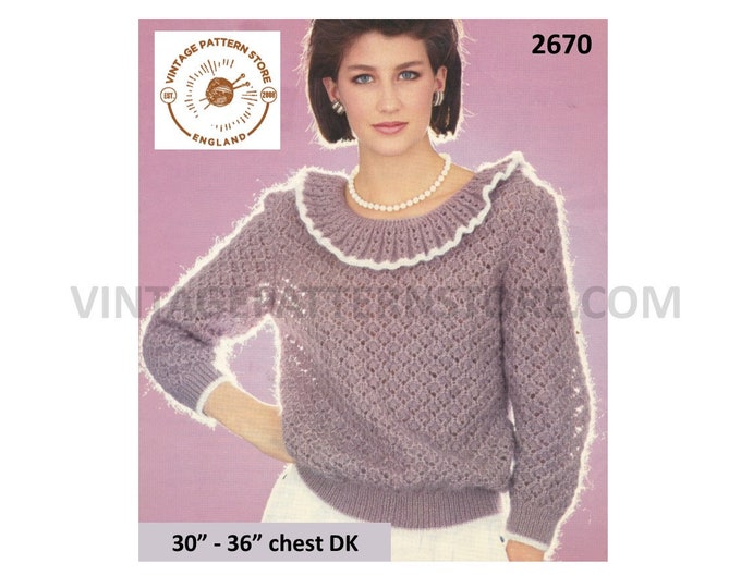 Ladies Womens 80s vintage round neck ribbed frilly collar lacy lace raglan DK sweater jumper pdf knitting pattern 30" to 36" Download 2670